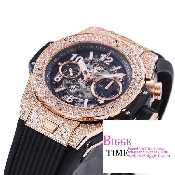Big Bang Unico Chrono 42mm All Diamond Bezel RG Skeleton Dial Black Rubber Strap BBF A1280 - Image 7