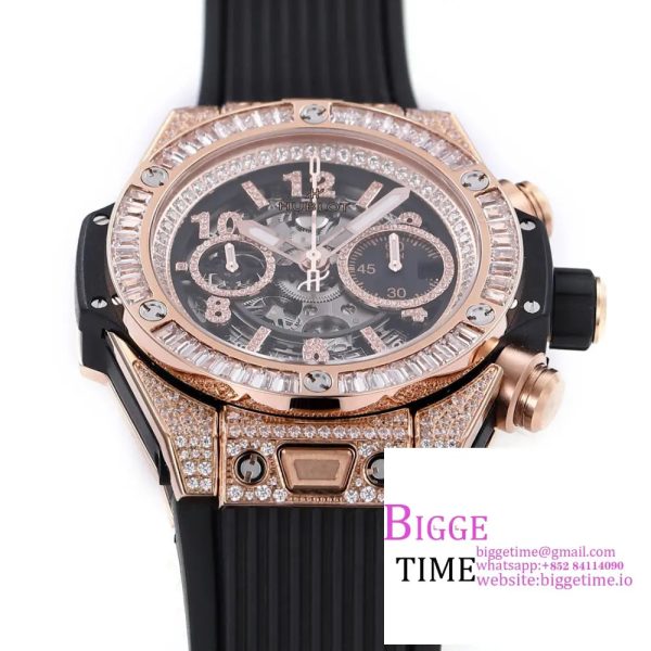 Big Bang Unico Chrono 42mm All Diamond Bezel RG Skeleton Dial Diamond Marker Black Rubber Strap BBF A1280 - Image 3