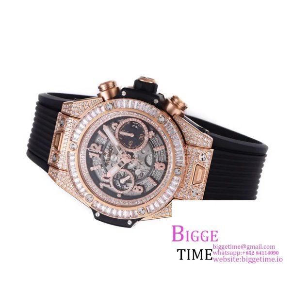 Big Bang Unico Chrono 42mm All Diamond Bezel RG Skeleton Dial Diamond Marker Black Rubber Strap BBF A1280 - Image 7