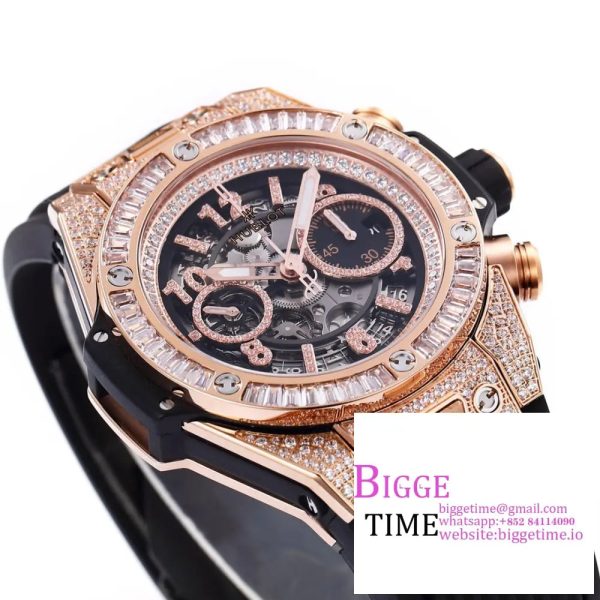 Big Bang Unico Chrono 42mm All Diamond Bezel RG Skeleton Dial Diamond Marker Black Rubber Strap BBF A1280 - Image 6