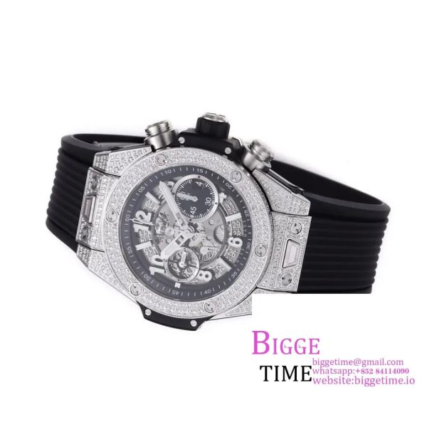 Big Bang Unico Chrono 42mm All Diamond Bezel Skeleton Dial Black Rubber Strap BBF A1280 - Image 6