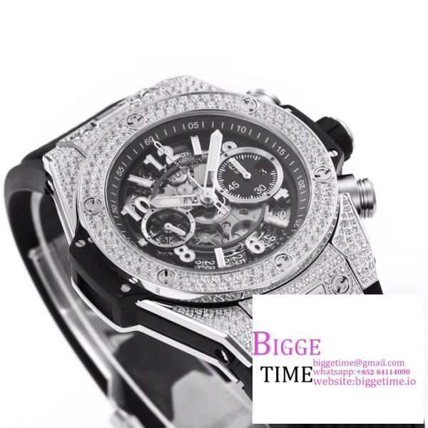 Big Bang Unico Chrono 42mm All Diamond Bezel Skeleton Dial Black Rubber Strap BBF A1280 - Image 3