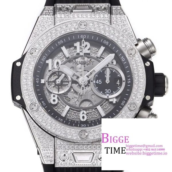 Big Bang Unico Chrono 42mm All Diamond Bezel Skeleton Dial Black Rubber Strap BBF A1280 - Image 7