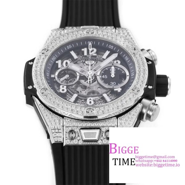 Big Bang Unico Chrono 42mm All Diamond Bezel Skeleton Dial Black Rubber Strap BBF A1280 - Image 2