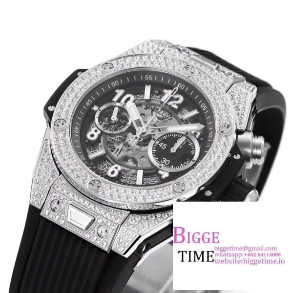 Big Bang Unico Chrono 42mm All Diamond Bezel Skeleton Dial Black Rubber Strap BBF A1280 - Image 4