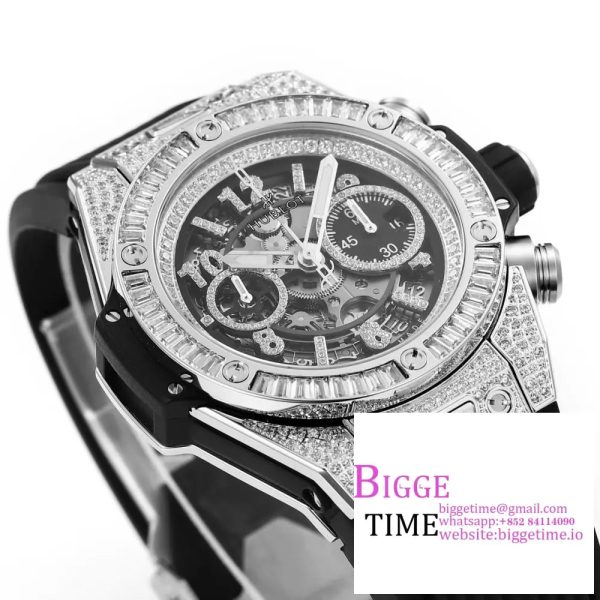Big Bang Unico Chrono 42mm All Diamond Bezel Skeleton Dial Diamond Marker Black Rubber Strap BBF A1280 - Image 4