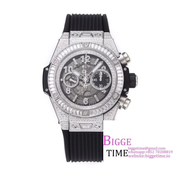 Big Bang Unico Chrono 42mm All Diamond Bezel Skeleton Dial Diamond Marker Black Rubber Strap BBF A1280