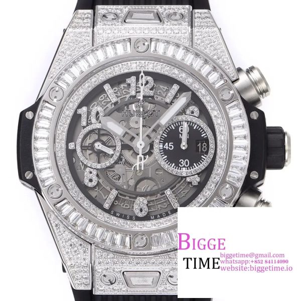 Big Bang Unico Chrono 42mm All Diamond Bezel Skeleton Dial Diamond Marker Black Rubber Strap BBF A1280 - Image 2