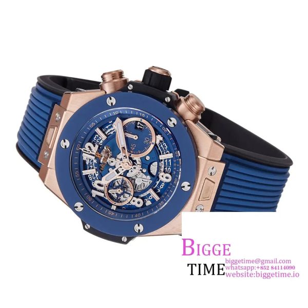 Big Bang Unico Chrono 42mm Blue Ceramic Bezel RG Blue Skeleton Dial Blue Rubber Strap BBF A1280 - Image 6