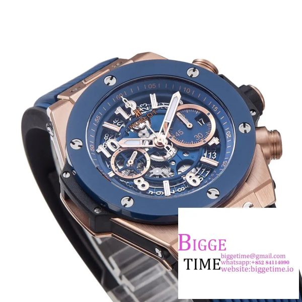 Big Bang Unico Chrono 42mm Blue Ceramic Bezel RG Blue Skeleton Dial Blue Rubber Strap BBF A1280 - Image 4