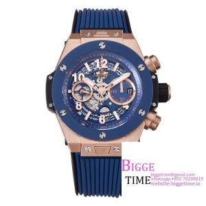 Big Bang Unico Chrono 42mm Blue Ceramic Bezel RG Blue Skeleton Dial Blue Rubber Strap BBF A1280