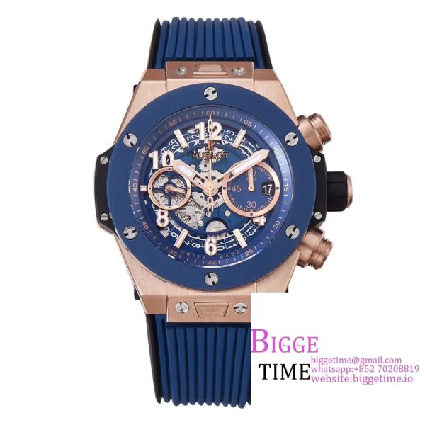 Big Bang Unico Chrono 42mm Blue Ceramic Bezel RG Blue Skeleton Dial Blue Rubber Strap BBF A1280