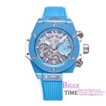 Big Bang Unico Chrono 42mm Blue Ceramic Bezel Skeleton Dial Blue Rubber Strap BBF A1280