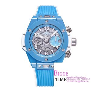 Big Bang Unico Chrono 42mm Blue Ceramic Bezel Skeleton Dial Blue Rubber Strap BBF A1280