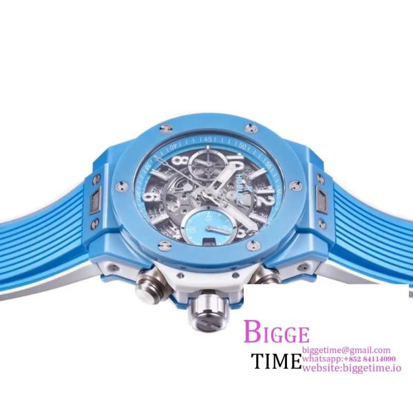 Big Bang Unico Chrono 42mm Blue Ceramic Bezel Skeleton Dial Blue Rubber Strap BBF A1280 - Image 6
