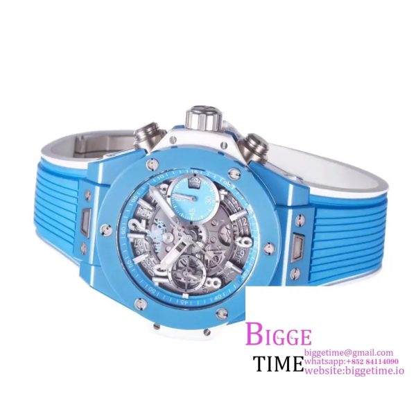 Big Bang Unico Chrono 42mm Blue Ceramic Bezel Skeleton Dial Blue Rubber Strap BBF A1280 - Image 7