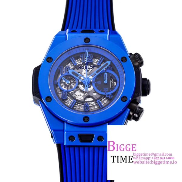 Big Bang Unico Chrono 42mm Deep Blue Ceramic Bezel Skeleton Dial Blue Rubber Strap BBF A1280 - Image 5