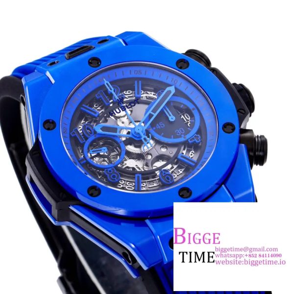 Big Bang Unico Chrono 42mm Deep Blue Ceramic Bezel Skeleton Dial Blue Rubber Strap BBF A1280 - Image 4