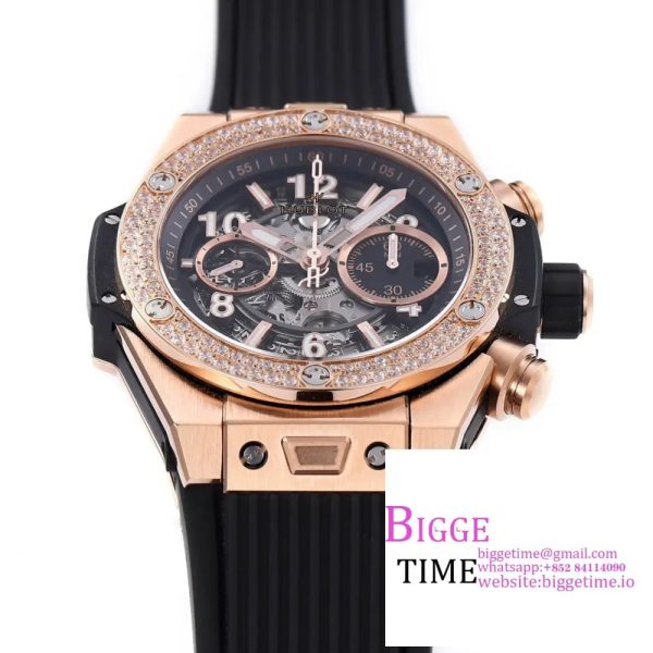 Big Bang Unico Chrono 42mm Diamond Bezel RG Skeleton Dial Black Rubber Strap BBF A1280 - Image 4