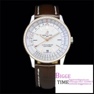 Breitling 41mm NAVITIMER RG White Dial Brown Leather Strap V7F A2824