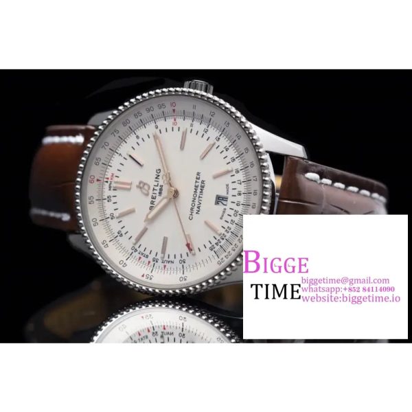 Breitling 41mm NAVITIMER White Dial Brown Leather Strap V7F A2824 - Image 2