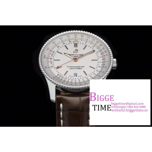 Breitling 41mm NAVITIMER White Dial Brown Leather Strap V7F A2824 - Image 3