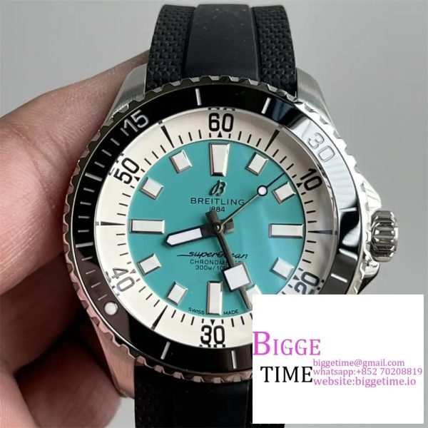 Breitling 44mm SUPEROCEAN Ceramic Tiffany Blue Dial Black Rubber Strap TF A2824