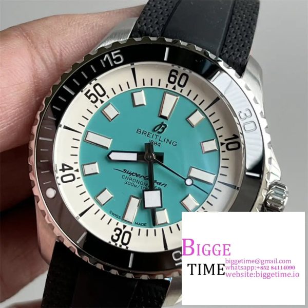 Breitling 44mm SUPEROCEAN Ceramic Tiffany Blue Dial Black Rubber Strap TF A2824 - Image 3