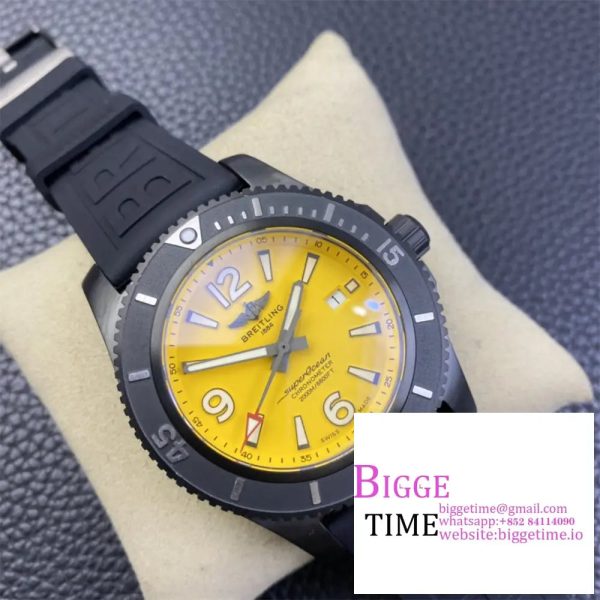 Breitling Black Steel 46mm SUPEROCEAN Yellow Dial Black Rubber Strap TF A2824 - Image 2
