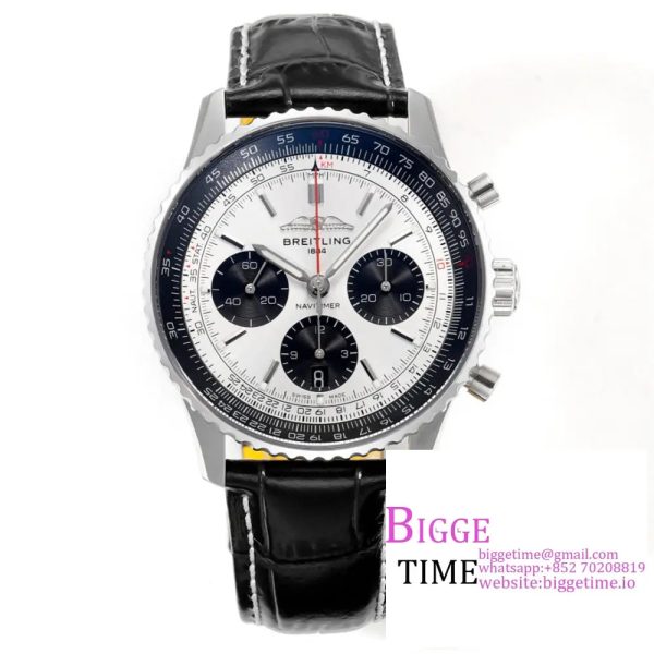 Breitling Chrono 43mm NAVITIMER B01 White/Black Dial Black Leather Strap BLSF A7750