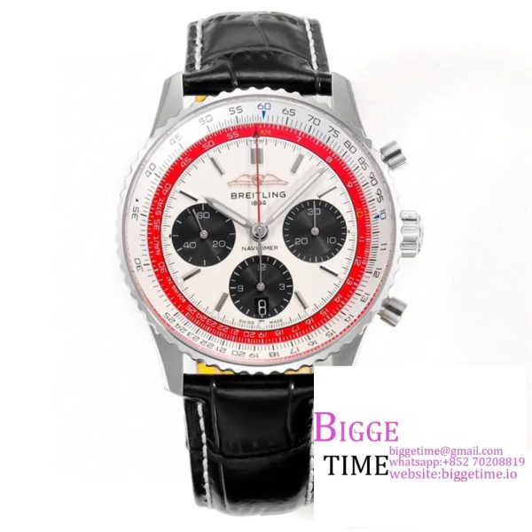 Breitling Chrono 43mm NAVITIMER B01 White/Black Dial Black Leather Strap BLSF A7750
