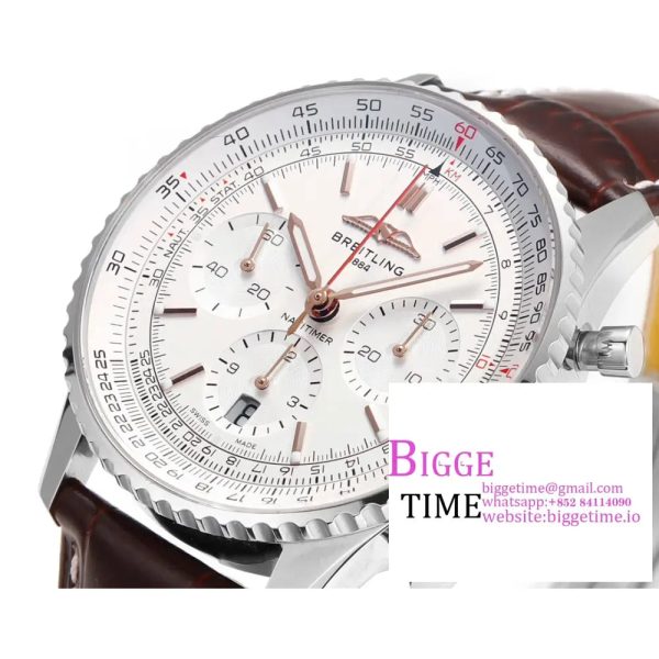 Breitling Chrono 43mm NAVITIMER B01 White Dial Brown Leather Strap BLSF A7750 - Image 5