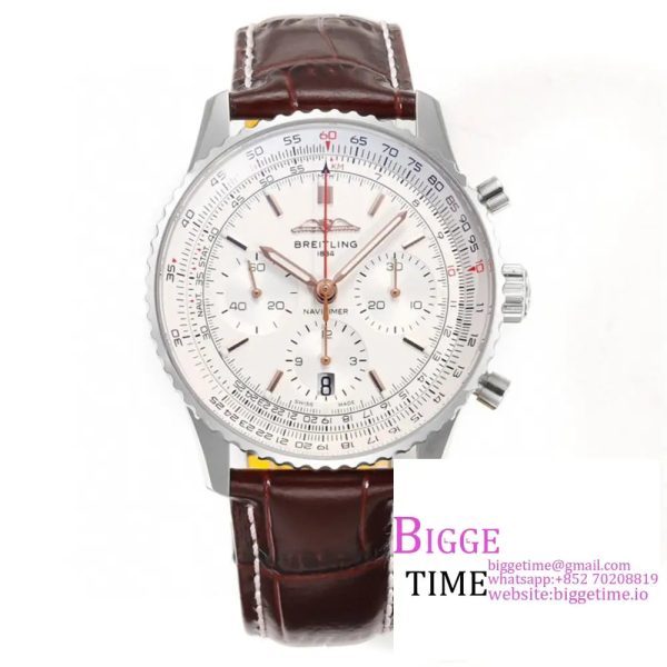 Breitling Chrono 43mm NAVITIMER B01 White Dial Brown Leather Strap BLSF A7750