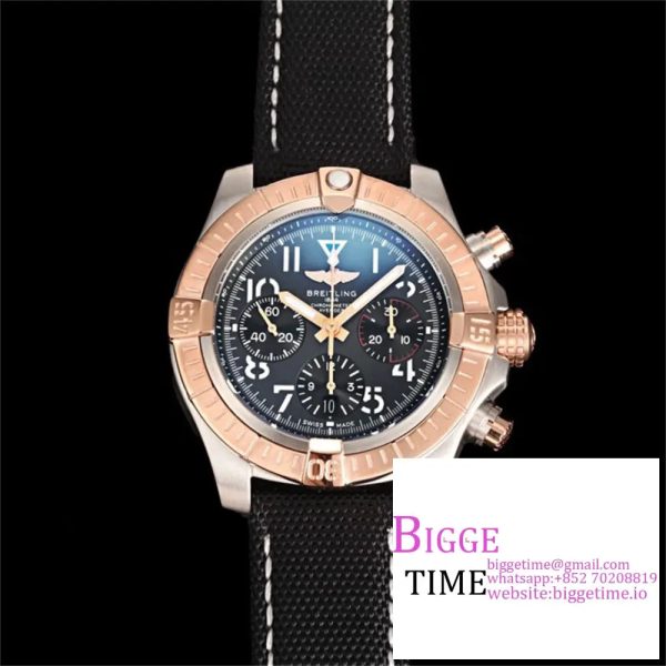 Breitling Chrono 45mm AVENGER RG Grey/Black Dial Black Leather Strap BLSF A7750