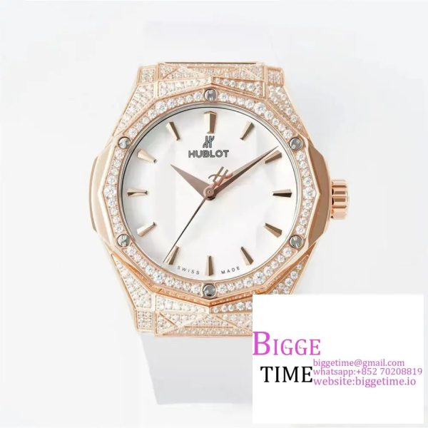 Classic Fusion 40mm All Diamond Bezel RG White Dial White Rubber Strap APSF A1110