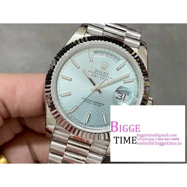 Day Date 40 SS 904L Steel GMF 1:1 Best Edition Polished Bezel Ice Blue Dial on SS Bracelet A2836 - Image 3