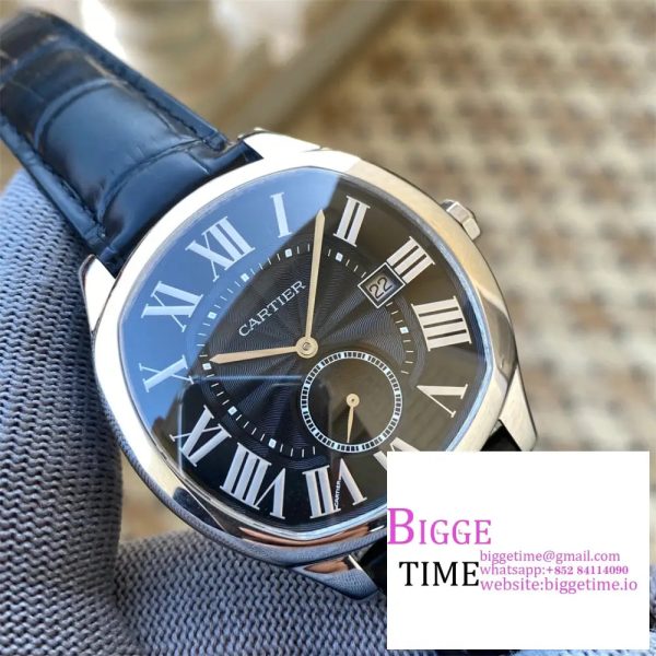 Drive De Cartier SS APS 1:1 Best Edition Black Dial on Black Leather Strap A23J - Image 4