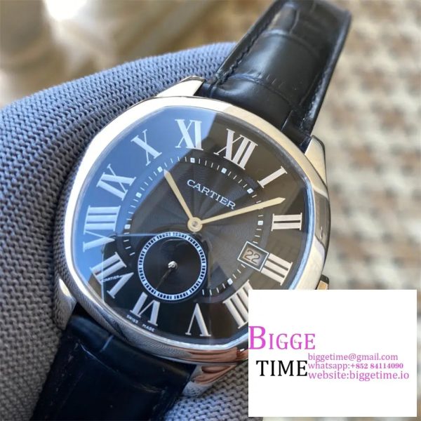 Drive De Cartier SS APS 1:1 Best Edition Black Dial on Black Leather Strap A23J - Image 3