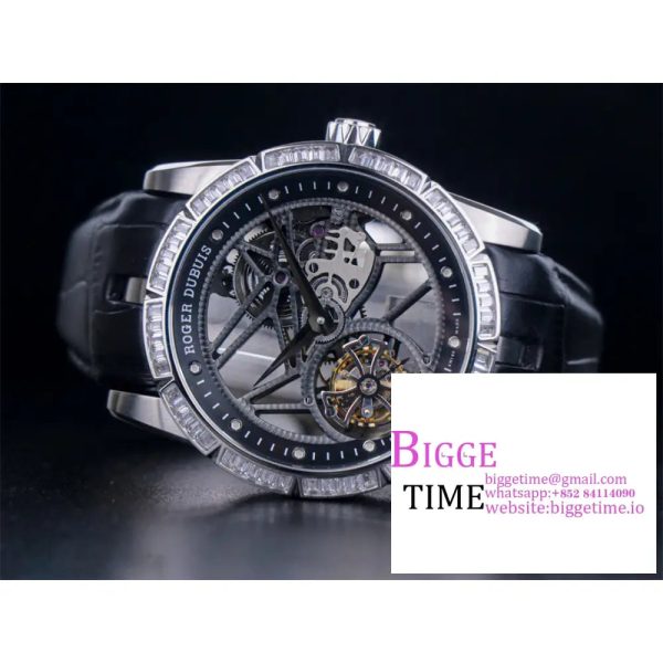 Excalibur Tourbillon 45m Diamond Bezel Black Openwork Black Leather Strap JBF Tourb - Image 4