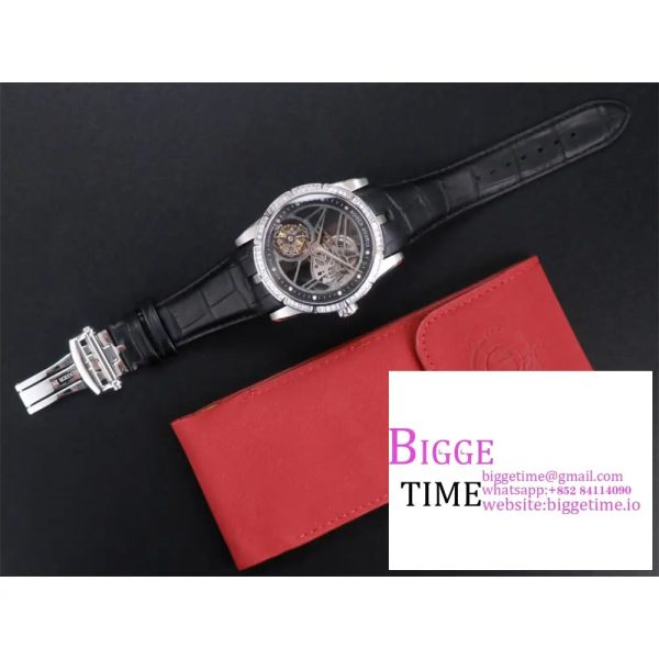 Excalibur Tourbillon 45m Diamond Bezel Black Openwork Black Leather Strap JBF Tourb - Image 5