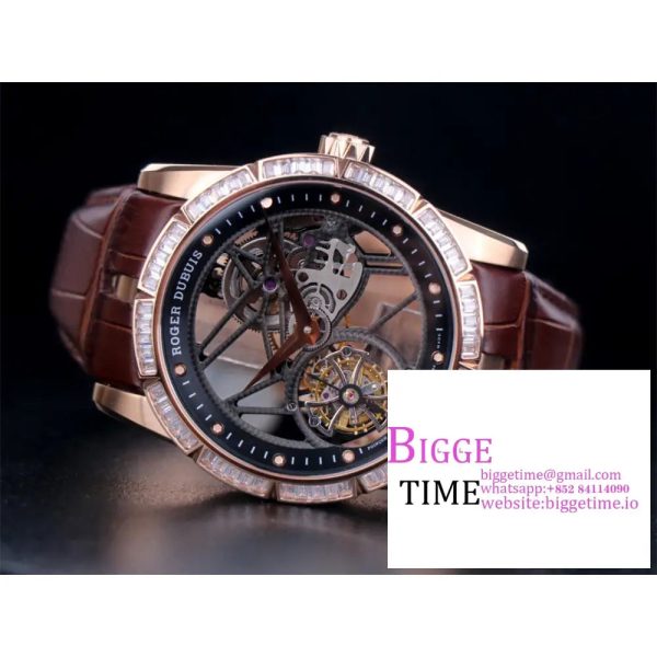 Excalibur Tourbillon 45m RG Diamond Bezel Black Openwork Brown Leather Strap JBF Tourb - Image 4