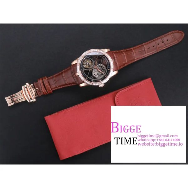 Excalibur Tourbillon 45m RG Diamond Bezel Black Openwork Brown Leather Strap JBF Tourb - Image 6