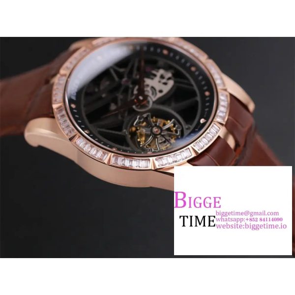 Excalibur Tourbillon 45m RG Diamond Bezel Black Openwork Brown Leather Strap JBF Tourb - Image 3