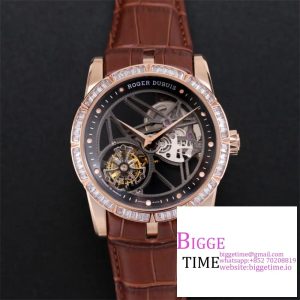 Excalibur Tourbillon 45m RG Diamond Bezel Black Openwork Brown Leather Strap JBF Tourb