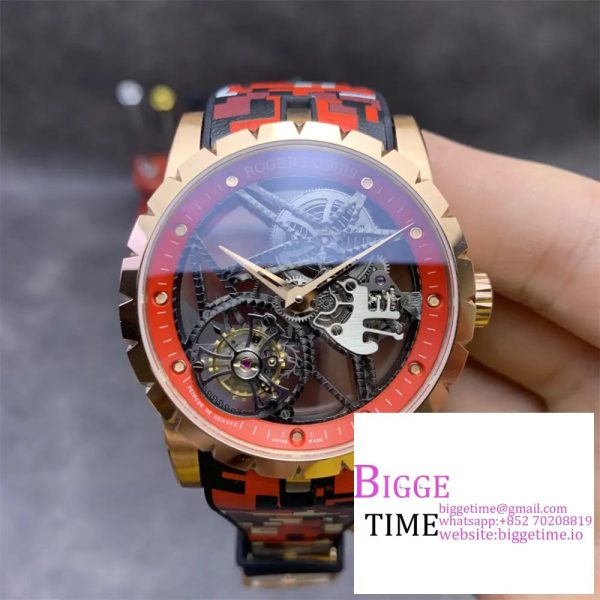 Excalibur Tourbillon 45m RG Red Openwork Camo Rubber Strap BBRF Tourb