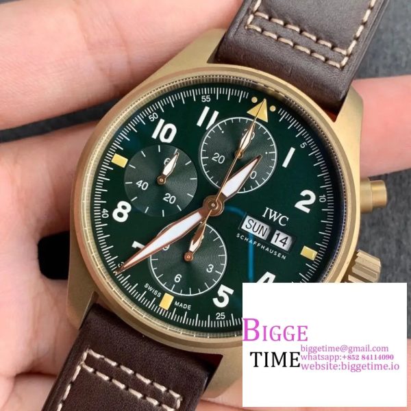 IWC Pilot Chrono 41mm IW387902 Bronze Green Dial Brown Leather Strap ZF A7750 - Image 4