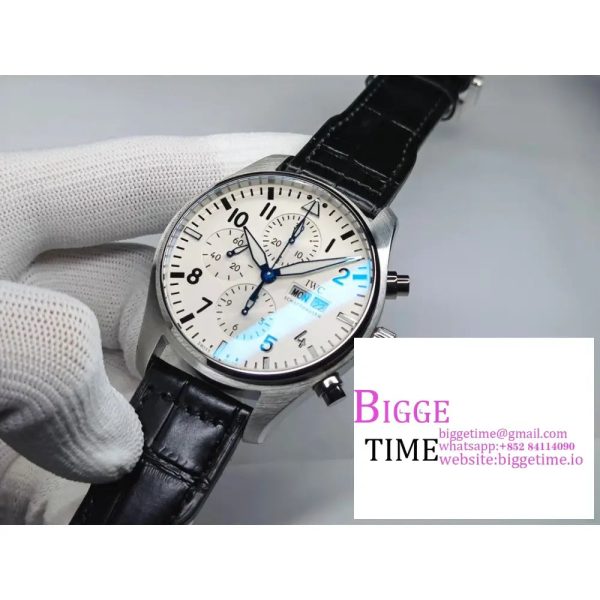 IWC Pilot Chrono 43mm IW377725 White Dial Black Leather Strap ZF A7750 - Image 5