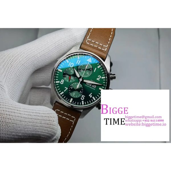 IWC Pilot Chrono 43mm IW377726 Green Dial Brown Leather Strap ZF A7750 - Image 3