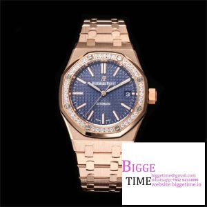 Lady Royal Oak 33mm RG ZF 1:1 Best Edition Blue Dial Diamonds Bezel on RG Bracelet Swiss Quartz