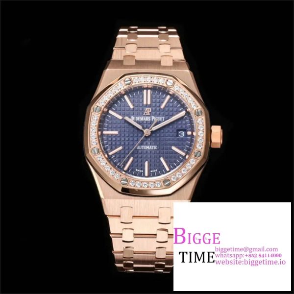 Lady Royal Oak 33mm RG ZF 1:1 Best Edition Blue Dial Diamonds Bezel on RG Bracelet Swiss Quartz
